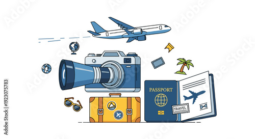 Travel and tourism concept with airplane camera and luggage