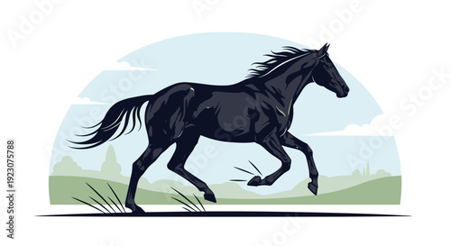 Black horse running in a green field with blue sky background