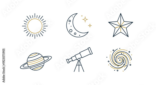 A set of six astronomy icons including sun moon star planet telescope