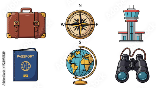 Travel icons including suitcase, compass, airport, passport, globe, and binoculars
