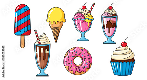 Colorful assortment of desserts and ice cream treats