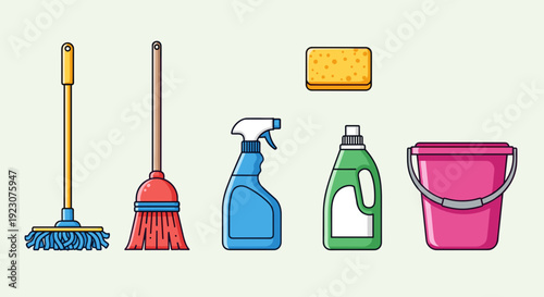 Colorful cleaning supplies and tools on light green background