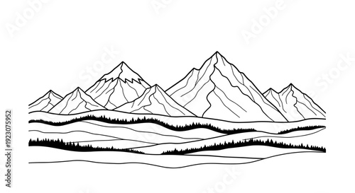 Black and white mountain range landscape with trees and hills
