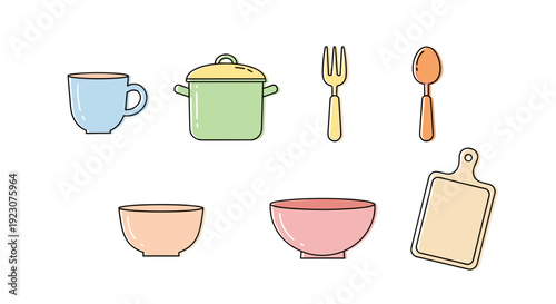 Colorful kitchen utensils and dishes