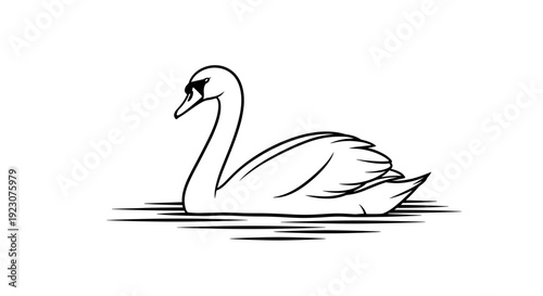 A black and white line drawing of a swan floating on water