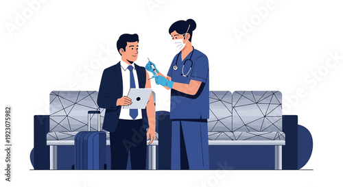 Doctor Administering Vaccine Injection to Businessman in Airport Waiting Area