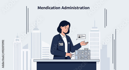 Doctor Administering Medication with Cityscape Background