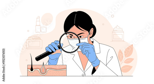 Dermatologist Examines Skin Structure with Magnifying Glass, Cosmetic Research