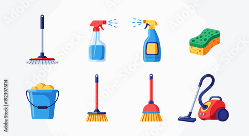 Colorful cleaning tools and supplies on for organization