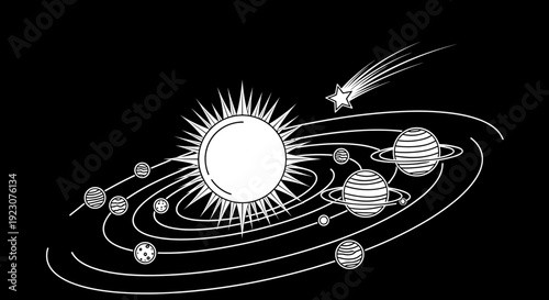 Solar system with planets and sun in white lines