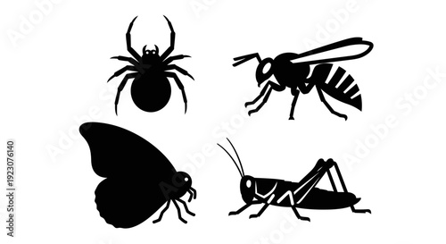 Collection of Insect Silhouettes: Spider, Wasp, Butterfly, and Grasshopper Icons