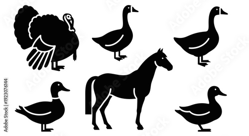 Collection of Farm Animal and Bird Silhouettes: Horse, Turkey, Geese, and Ducks
