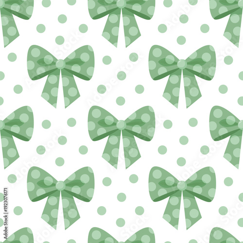 Green polka dot bow, seamless pattern, vector illustration. Hand-drawn bow knot, backdrop for holiday decorating greeting cards for wedding, bridal, birthday, Valentine's day, new year, Christmas.