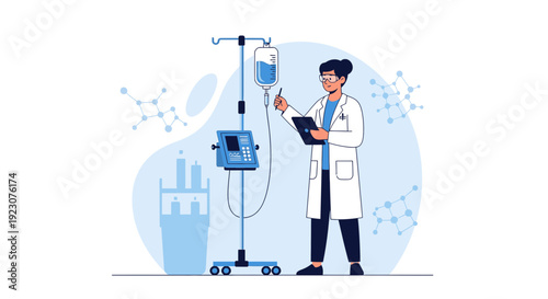 Doctor Adjusting IV Drip Infusion Pump for Patient Treatment