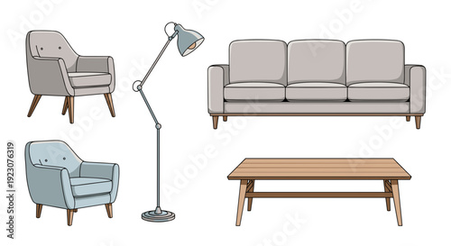 Modern living room furniture set with sofa, armchairs and coffee table