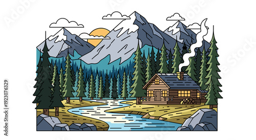 Cozy cabin in the woods with a river and snowcapped mountains in the background at sunset