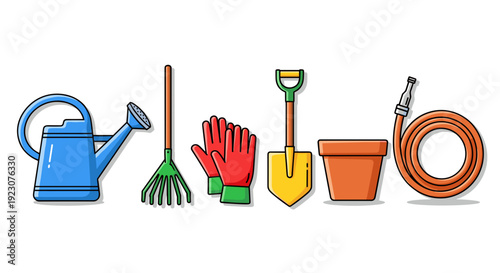 Colorful gardening tools and accessories on for landscaping