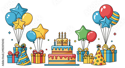 Colorful birthday celebration with cake balloons and gifts