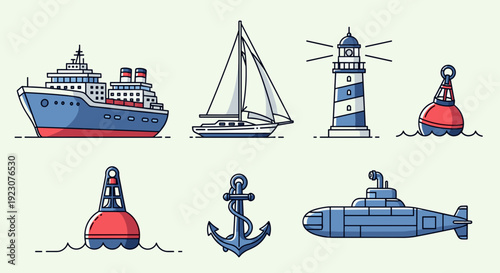Nautical icons including ship sailboat lighthouse buoys anchor submarine