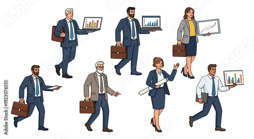 Business professionals walking with laptops and briefcases in various poses