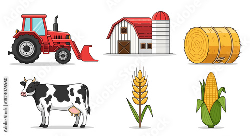 Farm icons with tractor, barn, hay bale, cow, corn, and wheat