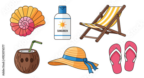 Summer vacation objects including hat, flip flops, and coconut drink