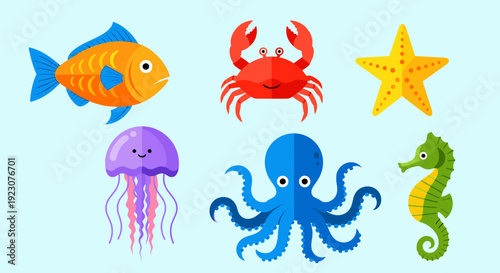Colorful cartoon sea creatures on light blue background
