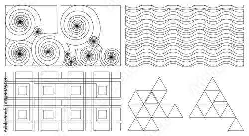 Black and white geometric patterns with shapes and lines