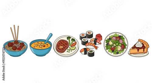 Variety of sushi and japanese food on plates and bowls