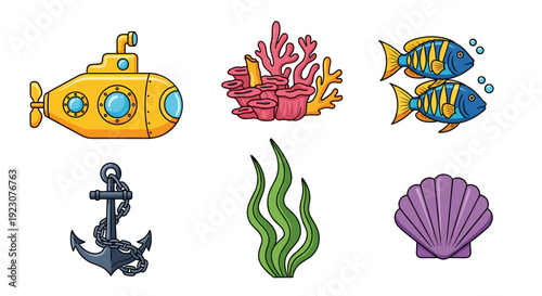 Colorful sea icons including submersible, fish, coral, anchor, seaweed, and shell