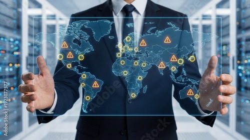 Businessman Managing Global Cyber Security Threats on Virtual World Map in Data Center