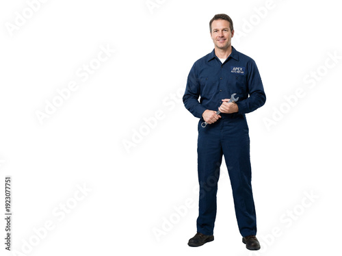 Image of a confident mechanic wearing a professional uniform, standing in front of a car, cut out from the background.on transparent background, vivid light Professional photography.