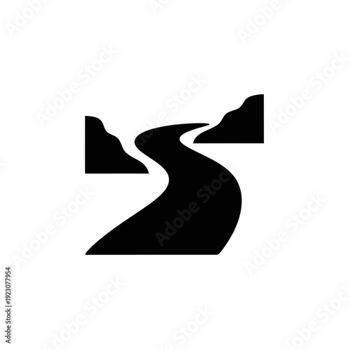 Black and white illustration of a winding road between mountains.