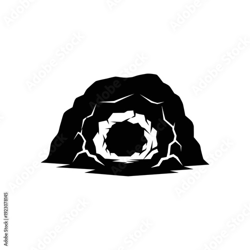 Black silhouette of a cave entrance with a swirling vortex inside.