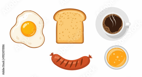 Assortment of classic breakfast items including egg toast coffee sausage and juice.