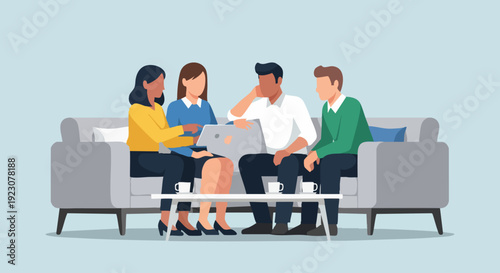 Diverse group of colleagues collaborating on a project using a laptop.