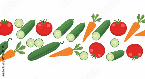 Wallpaper Mural Fresh vegetables arranged in a row, including tomatoes, cucumbers, and carrots. Torontodigital.ca