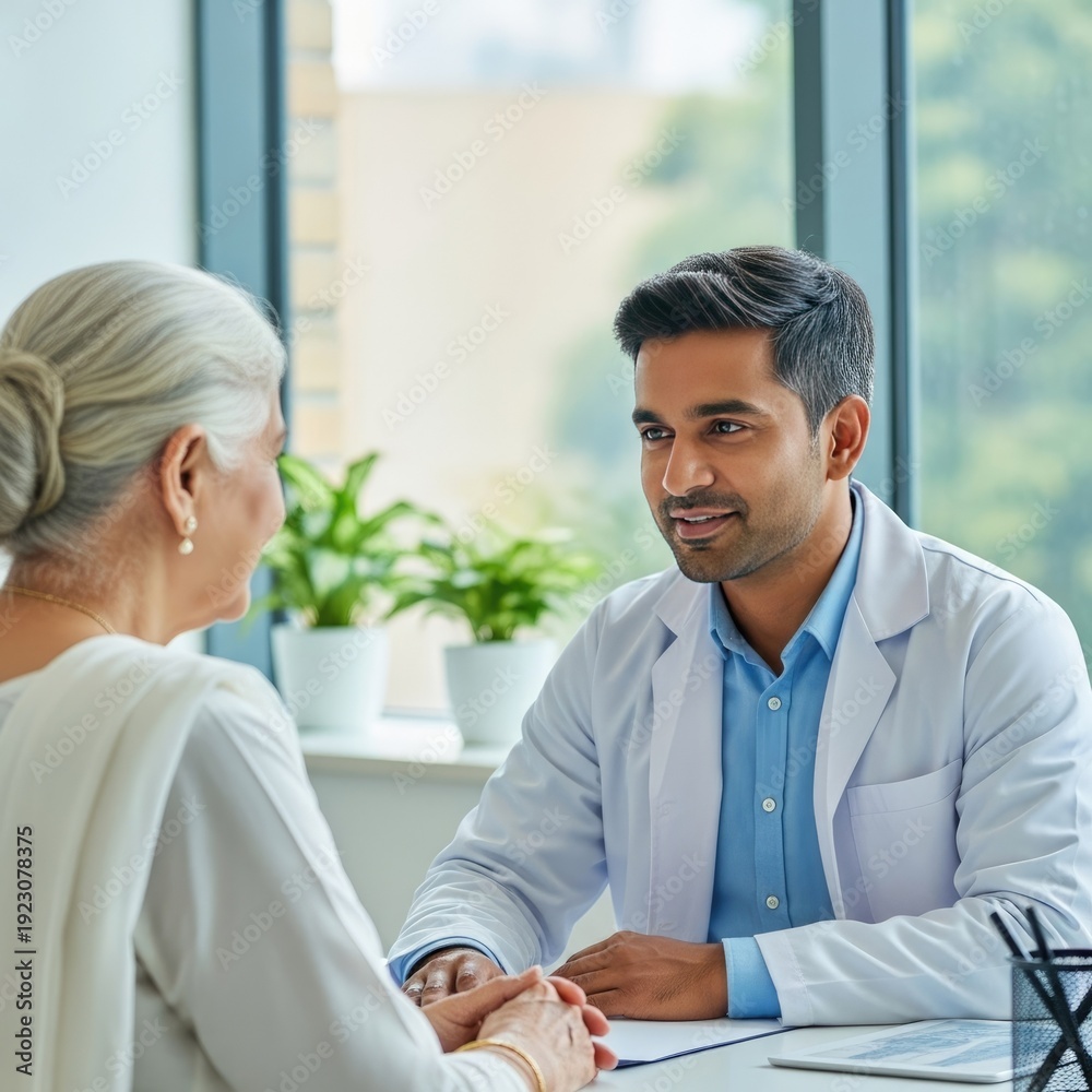 Obraz premium Kind Doctor Consults Elderly Woman Patient at Desk in Modern Clinic, Showing Empathy, Compassion, and Care, Realistic Style, Healthcare, Indoors.