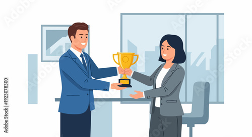 Man giving a trophy to a woman in an office setting.