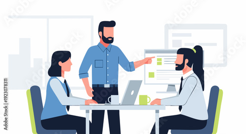 Business team collaborating during a productive office meeting illustration.