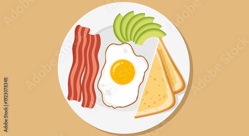 Top view of a classic breakfast plate with fried egg bacon and avocado toast.