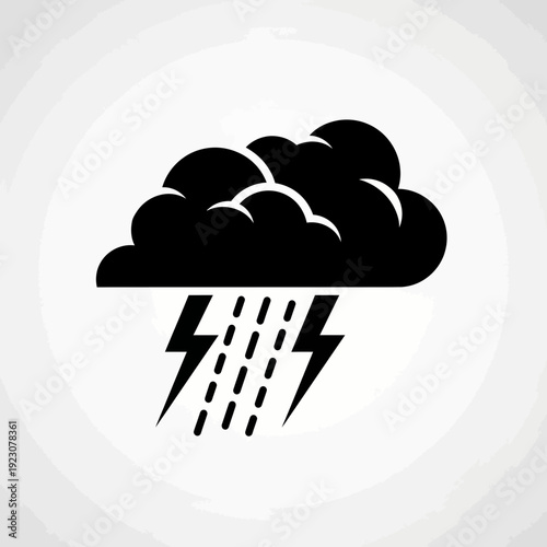 Black storm cloud with lightning and rain icon.