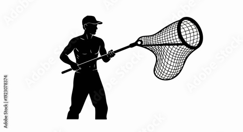 Silhouette of a person holding a net ready to catch something.
