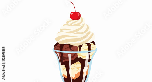 Delicious chocolate sundae with whipped cream and a cherry.
