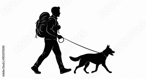 Man hiking with dog silhouette against white background.