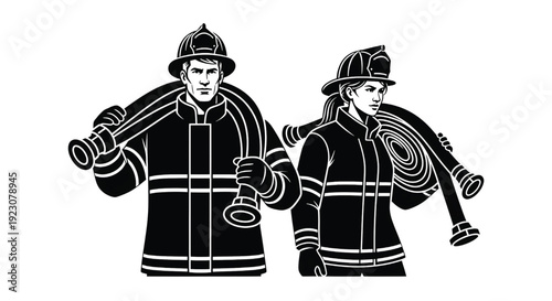 Two firefighters carrying hoses