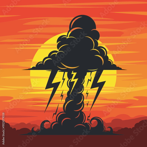 Explosion Cloud Lightning Strike Sunset.