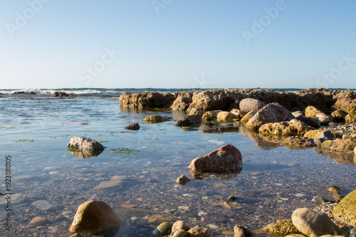 Calm Sea, rocky shore, view of a beach with rocks. calm sea, moss and algae on the stones.