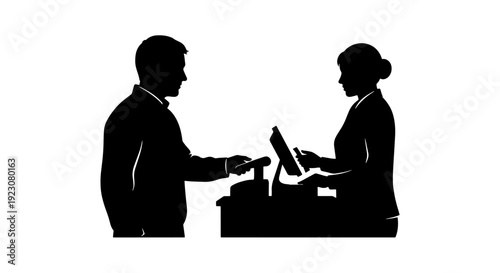 Silhouette illustration of a man making a payment at a point-of-sale terminal with a female cashier.