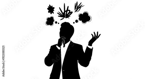 Silhouette of a man speaking into a microphone with abstract thought bubbles above his head, depicting complex or controversial ideas.